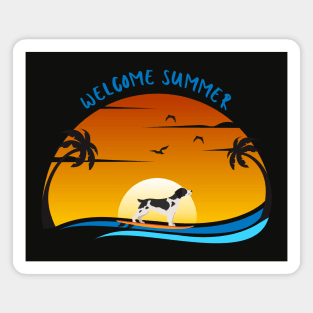 Welcome Summer with Britanny Spaniel Dog on Surf and Summer Landscape with Palm, Sunset Sky and Sea Magnet